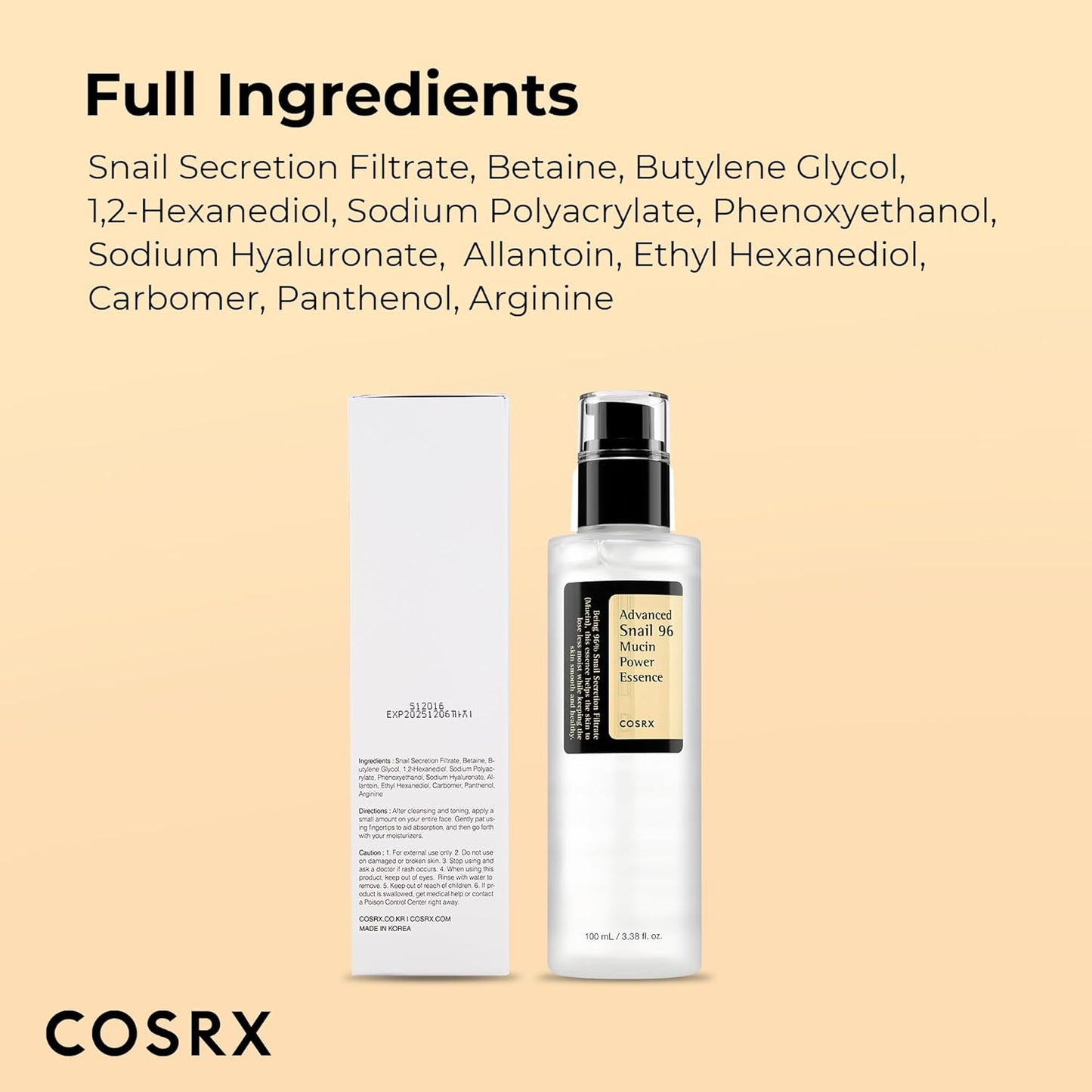 Snail Mucin 96% Repairing Serum for Sooothing & Hydrating 3.38 Oz.