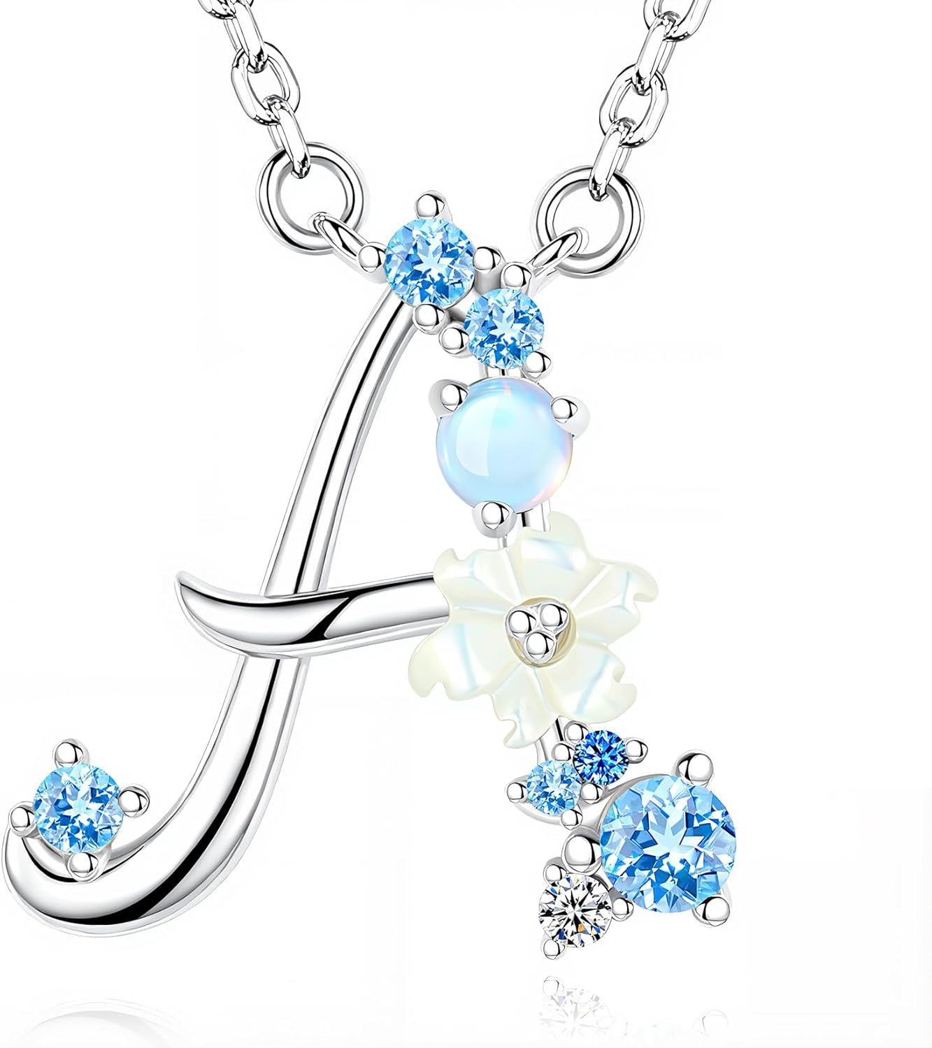 Initial Necklace for Women 925 Sterling Silver Initial a to Z Letter Pendant Necklace with Blue Flower Cubic Zirconia Birthday Engagement Gift for Women,Mom, Couple