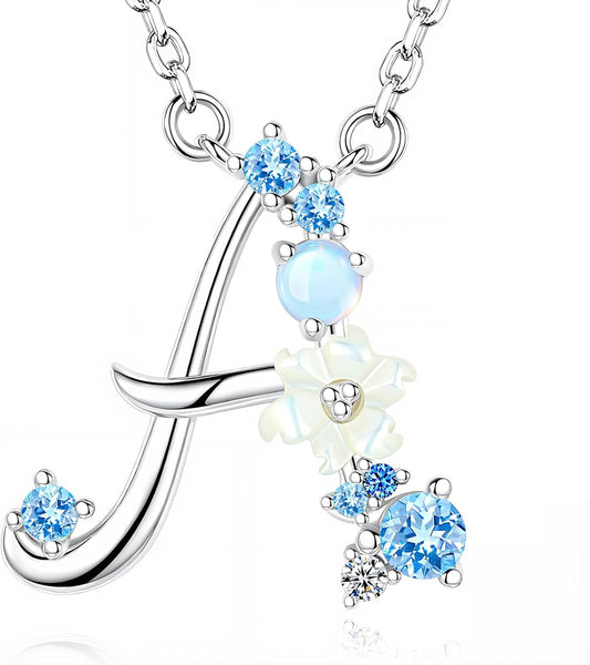 Initial Necklace for Women 925 Sterling Silver Initial a to Z Letter Pendant Necklace with Blue Flower Cubic Zirconia Birthday Engagement Gift for Women,Mom, Couple