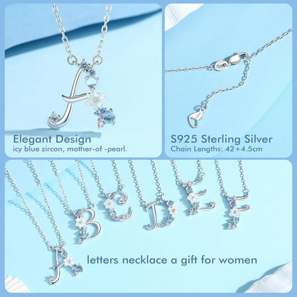 Initial Necklace for Women 925 Sterling Silver Initial a to Z Letter Pendant Necklace with Blue Flower Cubic Zirconia Birthday Engagement Gift for Women,Mom, Couple