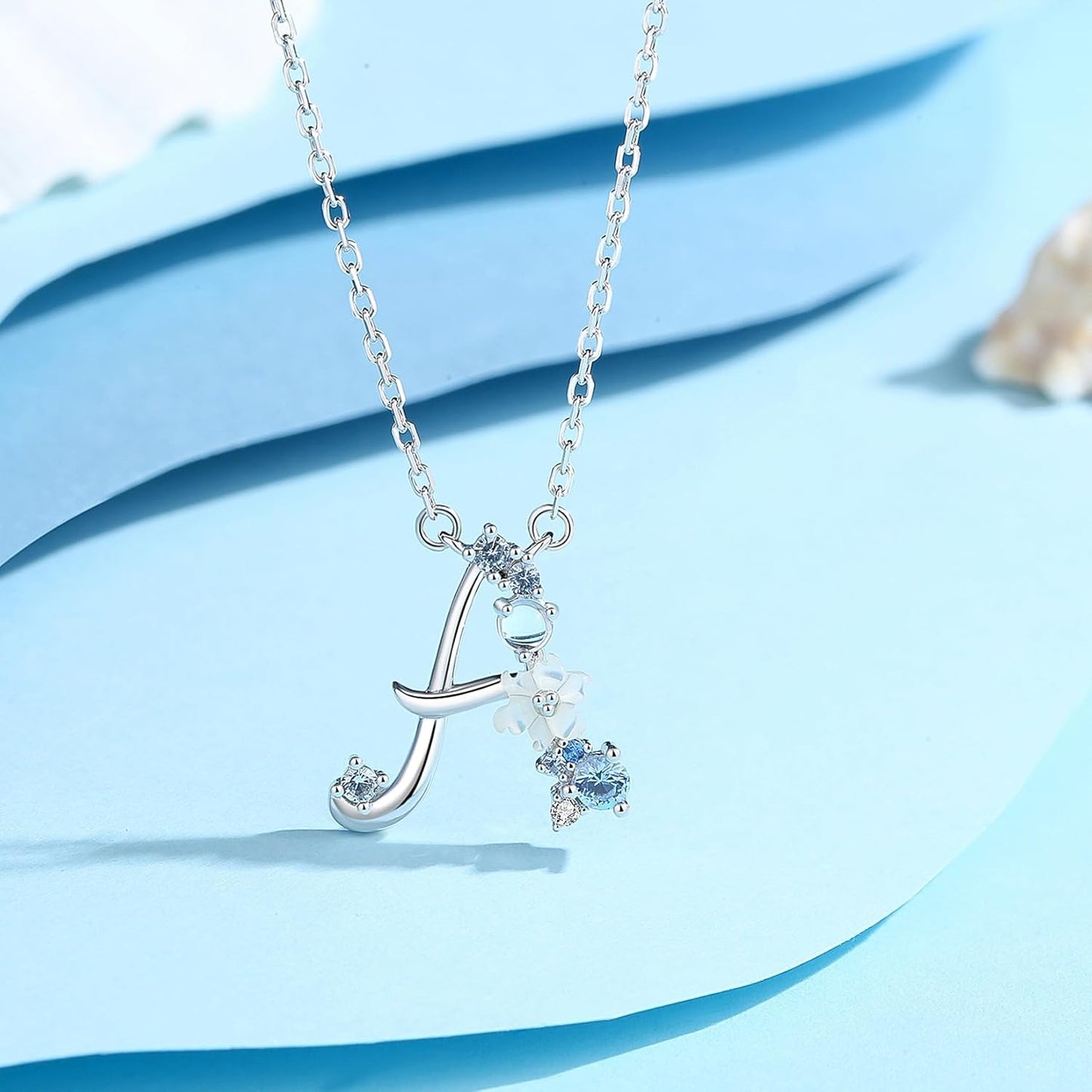 Initial Necklace for Women 925 Sterling Silver Initial a to Z Letter Pendant Necklace with Blue Flower Cubic Zirconia Birthday Engagement Gift for Women,Mom, Couple