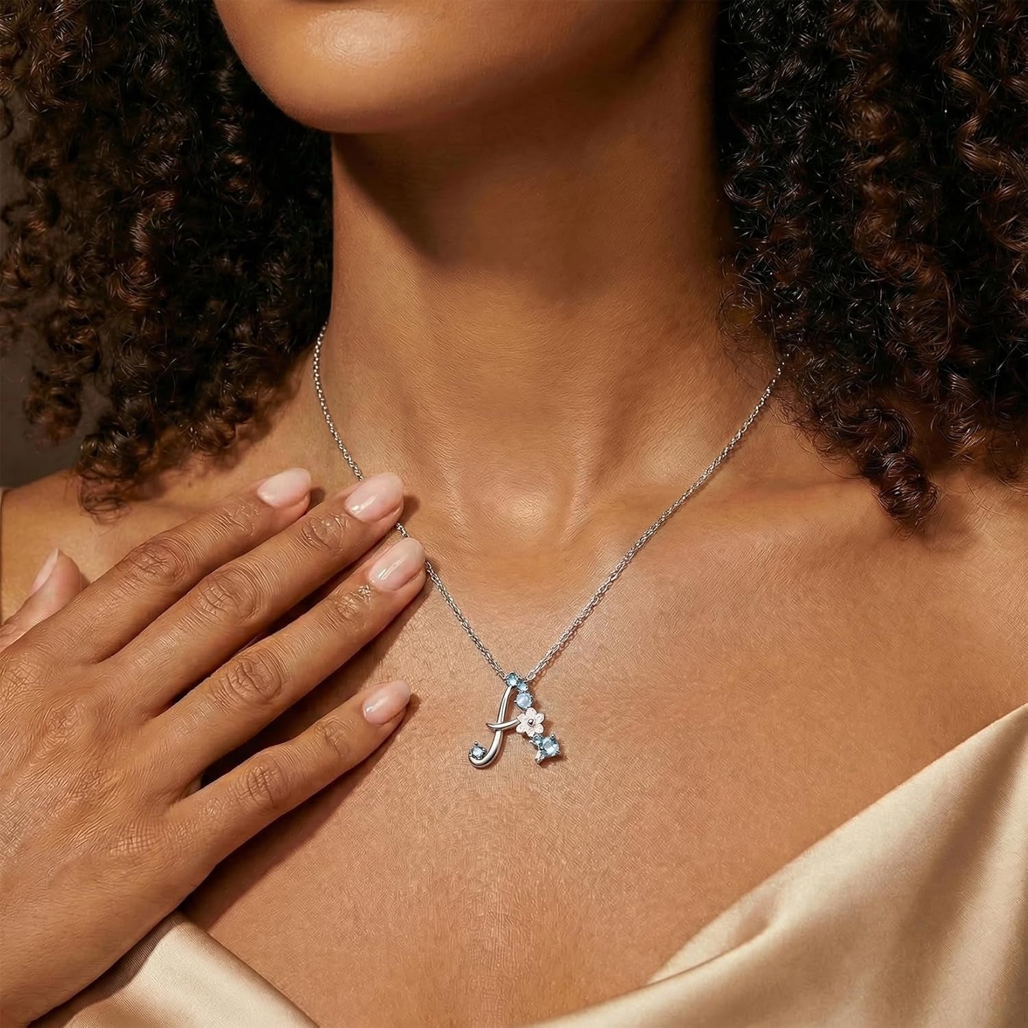 Initial Necklace for Women 925 Sterling Silver Initial a to Z Letter Pendant Necklace with Blue Flower Cubic Zirconia Birthday Engagement Gift for Women,Mom, Couple