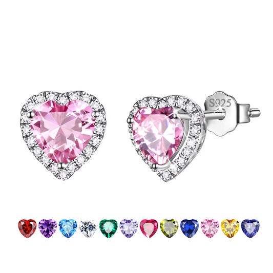 Pink Heart Earrings Women October Birthstone Earrings Tourmaline CZ 925 Sterling Silver Stud Earrings Crystal Jewelry Birthday Mother'S Day Gifts